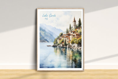 Framed painting of Lake Garda, Italy landscape.
