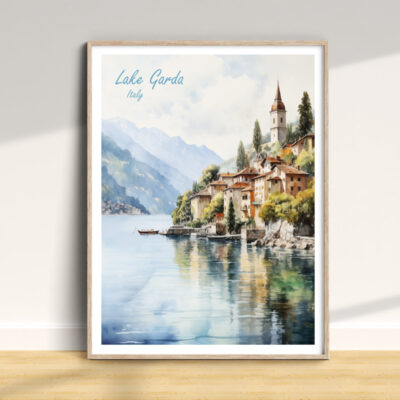 Framed painting of Lake Garda, Italy landscape.