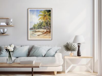 Minimal living room with coastal wall art and decor.