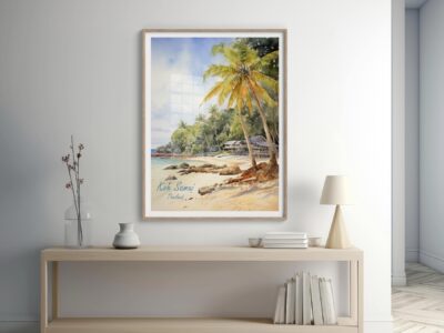 Room with tropical beach painting on wall.