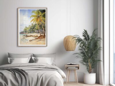 Bedroom with tropical beach painting and plants.