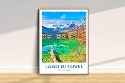 Lago di Tovel scenic view poster, Trentino, Italy.