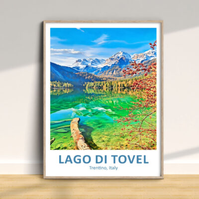 Lago di Tovel scenic view poster, Trentino, Italy.