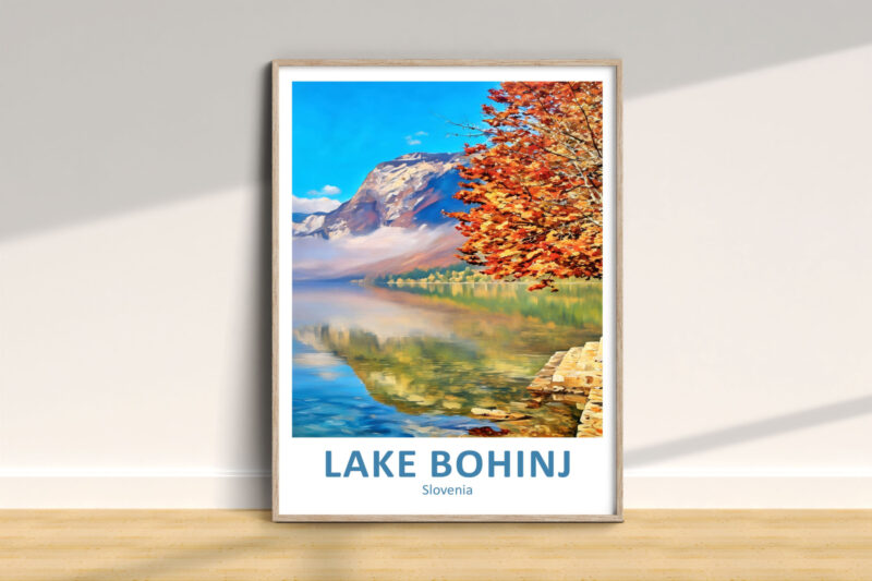 Framed Lake Bohinj autumn landscape poster.