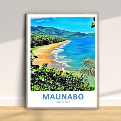 Framed Maunabo beach artwork with vibrant colors.
