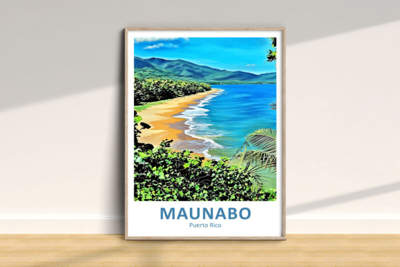 Framed Maunabo beach artwork with vibrant colors.