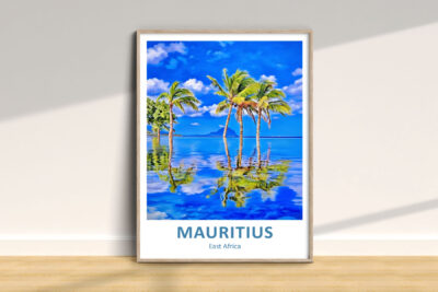 Mauritius poster with palm trees and ocean view.