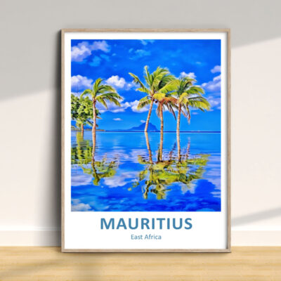 Mauritius poster with palm trees and ocean view.