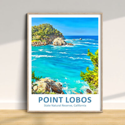 Framed Point Lobos poster on wall.