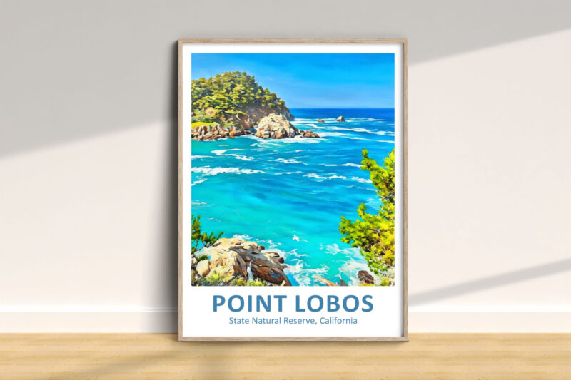 Framed Point Lobos poster on wall.