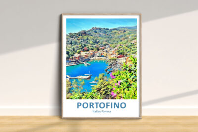Portofino poster with colorful coastal scenery.