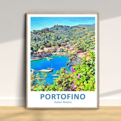 Portofino poster with colorful coastal scenery.