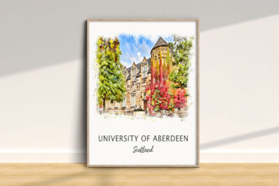 University of Aberdeen watercolor illustration on wall.