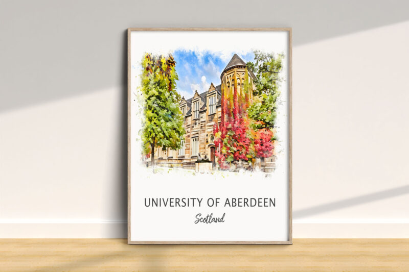 University of Aberdeen watercolor illustration on wall.