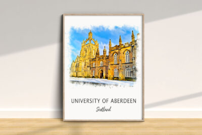 University of Aberdeen watercolor illustration on wall.