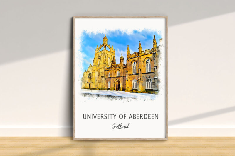 University of Aberdeen watercolor illustration on wall.