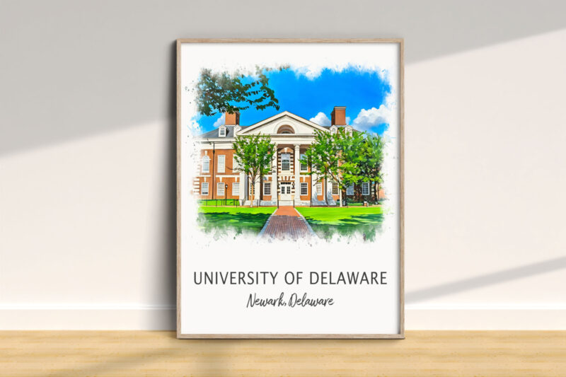 University of Delaware building illustration in frame.