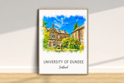 Framed University of Dundee Scotland watercolor on wall.