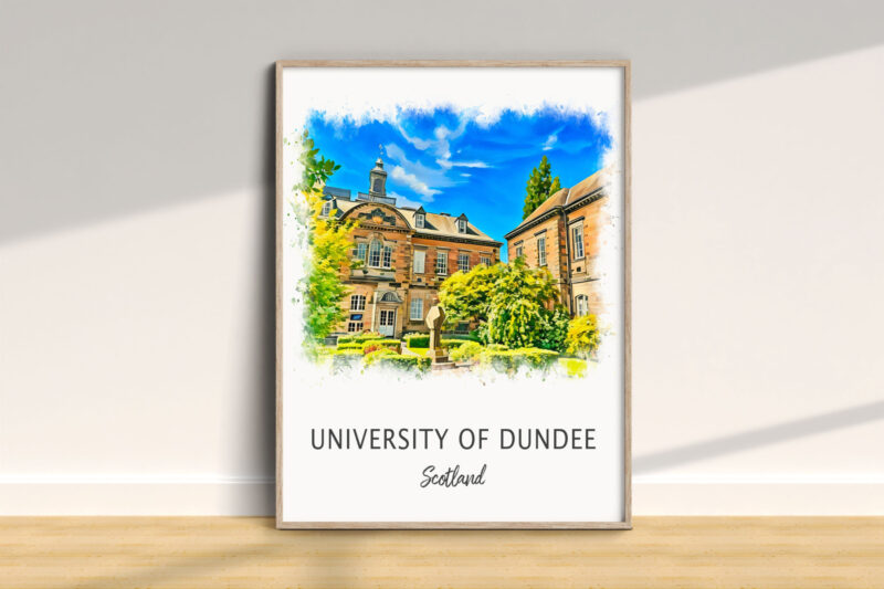 Framed University of Dundee Scotland watercolor on wall.