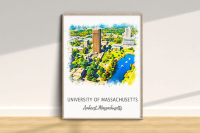University of Massachusetts Amherst campus illustration with lake.