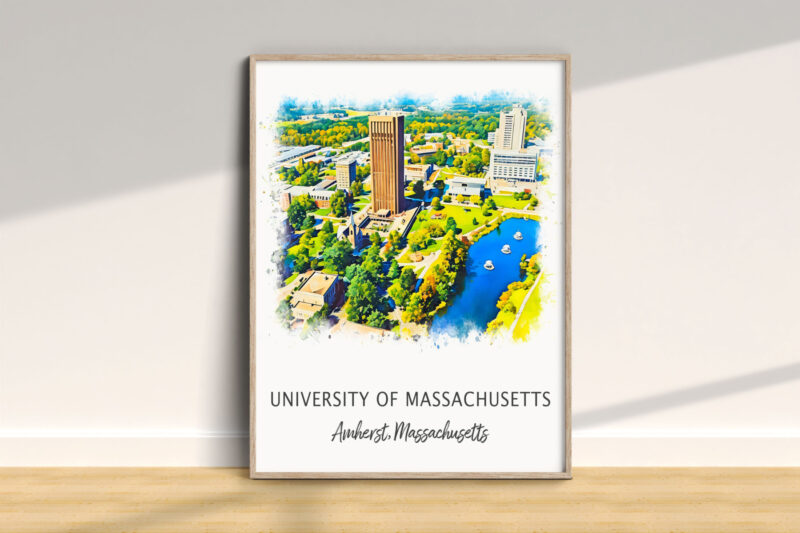University of Massachusetts Amherst campus illustration with lake.