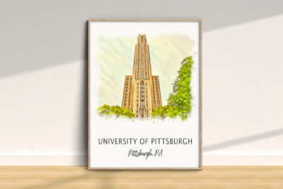 University of Pittsburgh building illustration with trees.