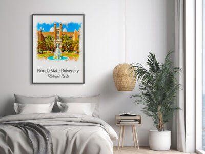 Bedroom with Florida State University artwork on wall.
