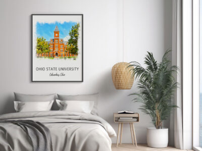 Bedroom with Ohio State University artwork.