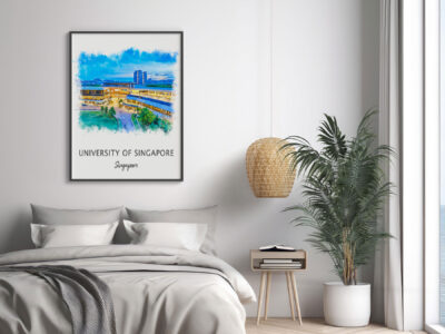 Bedroom with framed picture of Singapore university campus.