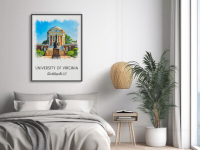 Bedroom with University of Virginia poster on wall.