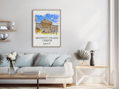 Interior with University College London artwork.