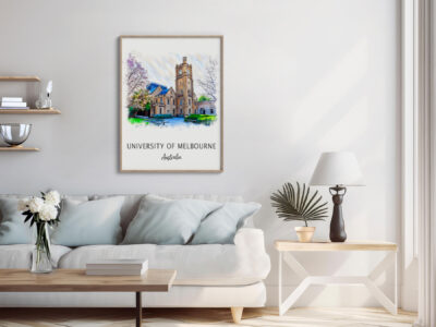 Framed University of Melbourne print in modern living room.