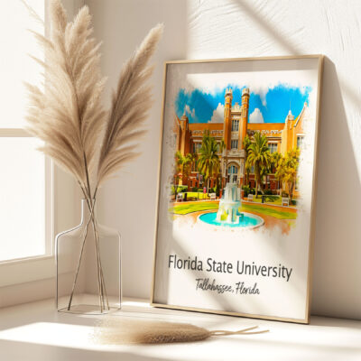 Framed Florida State University artwork on display.