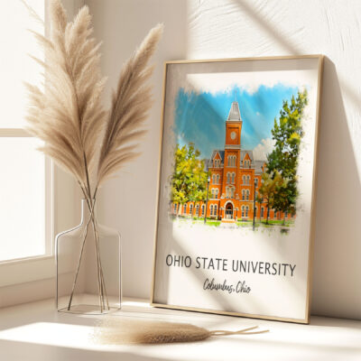 Ohio State University framed artwork on windowsill.