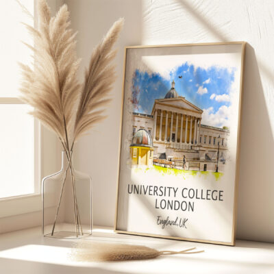 Framed art of University College London on shelf.