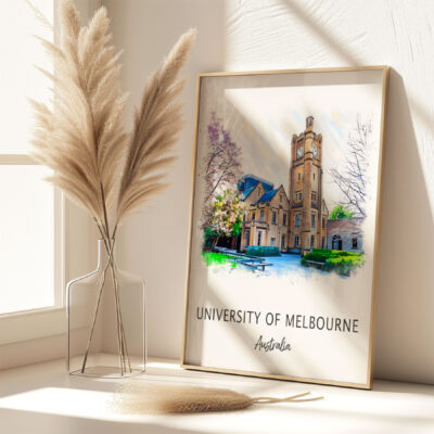 University of Melbourne framed artwork on a desk.