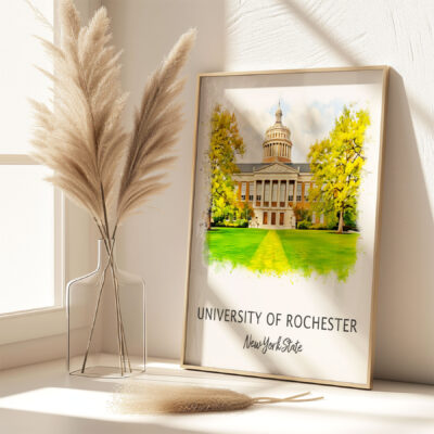 University of Rochester art print on sunny table.