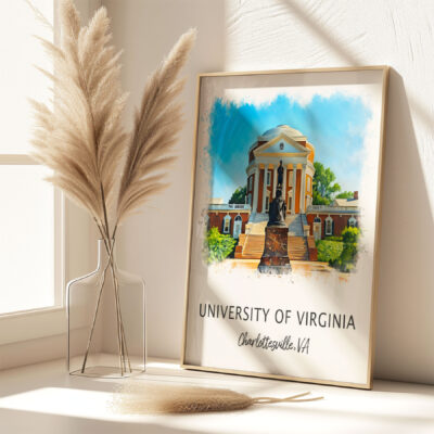University of Virginia poster on table with vase