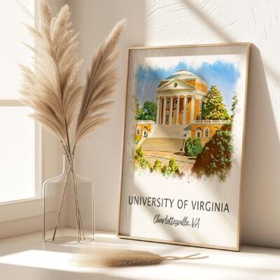 University of Virginia framed watercolor print on table.