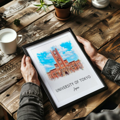 Person holding framed University of Tokyo artwork.