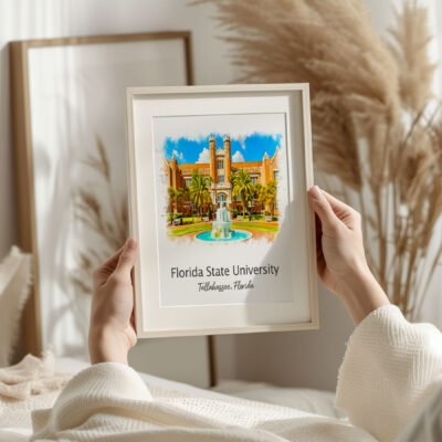 Person holding framed Florida State University print.